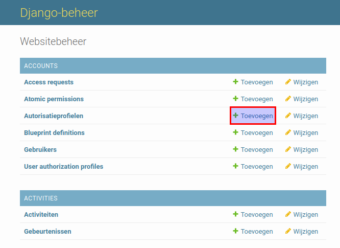Click on the "Toevoegen" button for "Autorisatieprofielen"