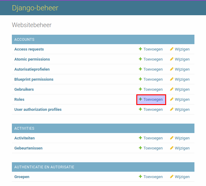 Click on the "Toevoegen" button for "Roles"